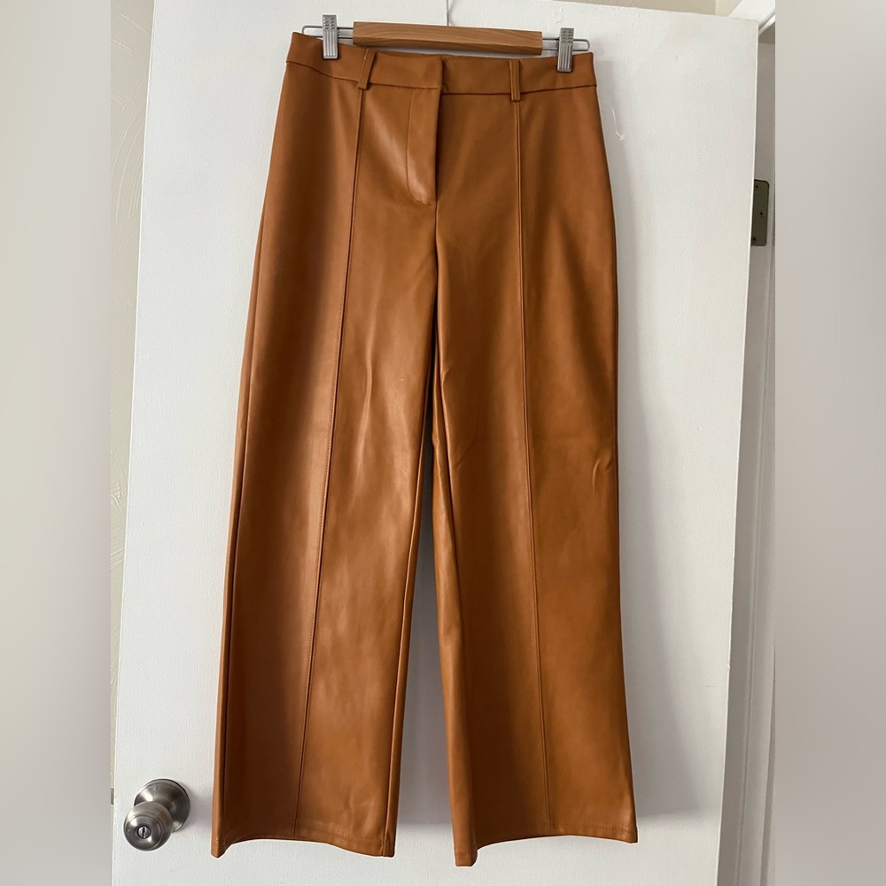 7 For All Mankind Coated Faux Leather Wide Leg Crop Pants in Cognac Saddle Brown